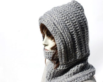 Snood with hood, Cowl scarf hood, Knit hooded scarf, Warm winter hat, Wool hooded scarf