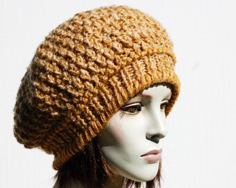 Handmade Oversized Wool Cable Knit Beret - French Style Slouchy Hat for Women in Mustard