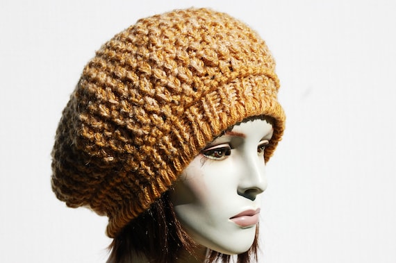 Handmade Knitted Mustard Beret hat with Decorative Brooch. New Mustard Plaid Lightweight Knit Beret With Handmade Flower  main image 3
