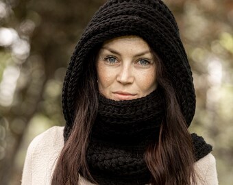 Wool Black Hooded Infinity Scarf: Cozy Knit Cowl for Winter Warmth and Style
