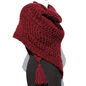 Burgundy Knit Triangle Shawl: Handmade Acrylic Blend Wrap