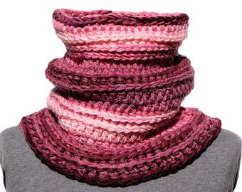 Crochet Neck Warmer – Hooded Cowl Scarf, Chunky Crochet Cowl, Handmade Winter Neck Warmer, Berry Rose