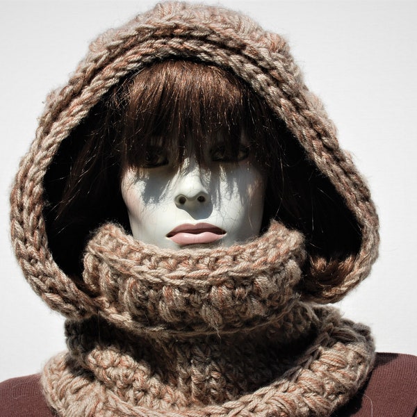 Hooded scarfs-Wool hooded scarf-Hooded cowl crochet-Chunky hooded scarf-Warm hooded scarf