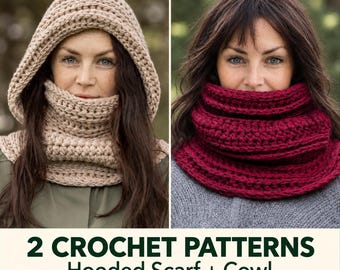 Hooded Scarf and Cowl Crochet Patterns, 2 PDF Pattern Bundle, Winter Accessories
