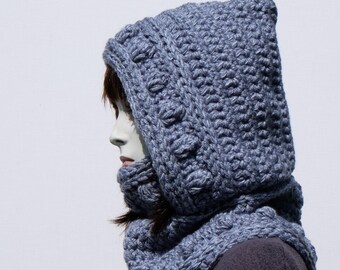 Chunky Hooded Crochet Scarf: Wool Blend Snood Cowl