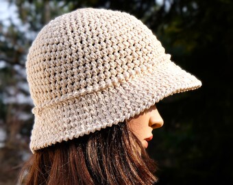 Crochet Cotton Linen Bucket Hat, Breathable Cream Boho Summer Sun Hat