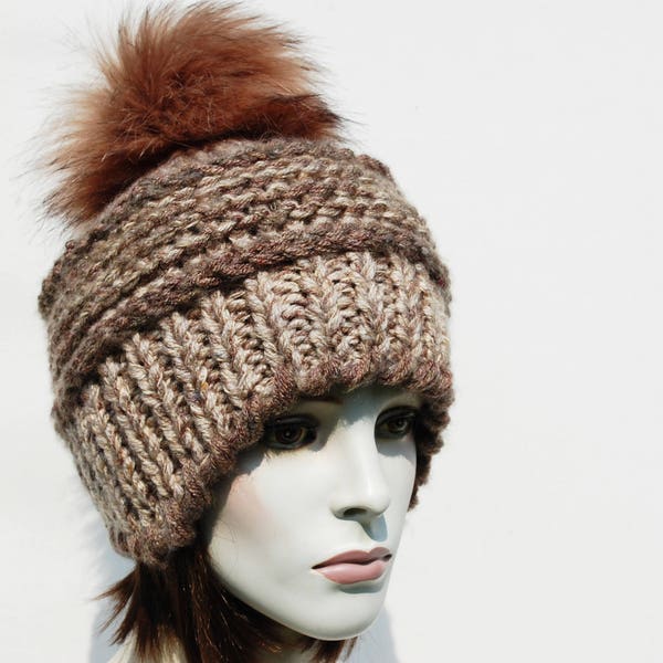 Chunky Pom chapeau-femme à la main bonnet Toque chapeau-tricot-bonnet chapeau-Womens pompon Hat-femmes-oreillette chapeau de-Chunky Pom chapeau de-Chunky bonnet Pom