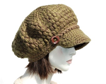 Handmade Green Wool Blend Crochet Newsboy Hat - Slouchy Knit Beanie for Women - Winter Accessory