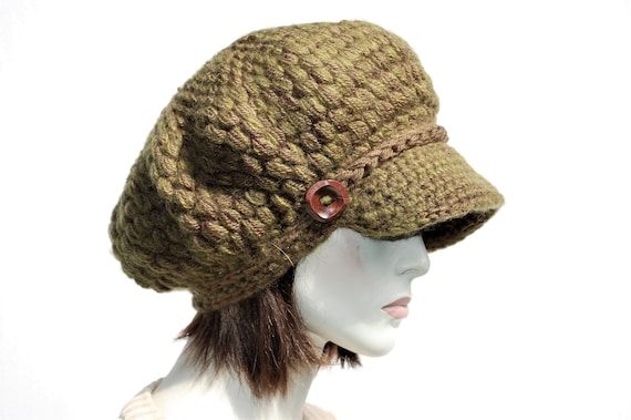 Handmade Green Wool Blend Crochet Newsboy Hat - Slouchy Knit  display picture 1