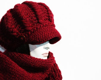Winter Hat and Scarf Newsboy Hat Women Cable Knitted Scarf Womens Wool Hat Chunky Knit Hat Chunky Knit Scarf