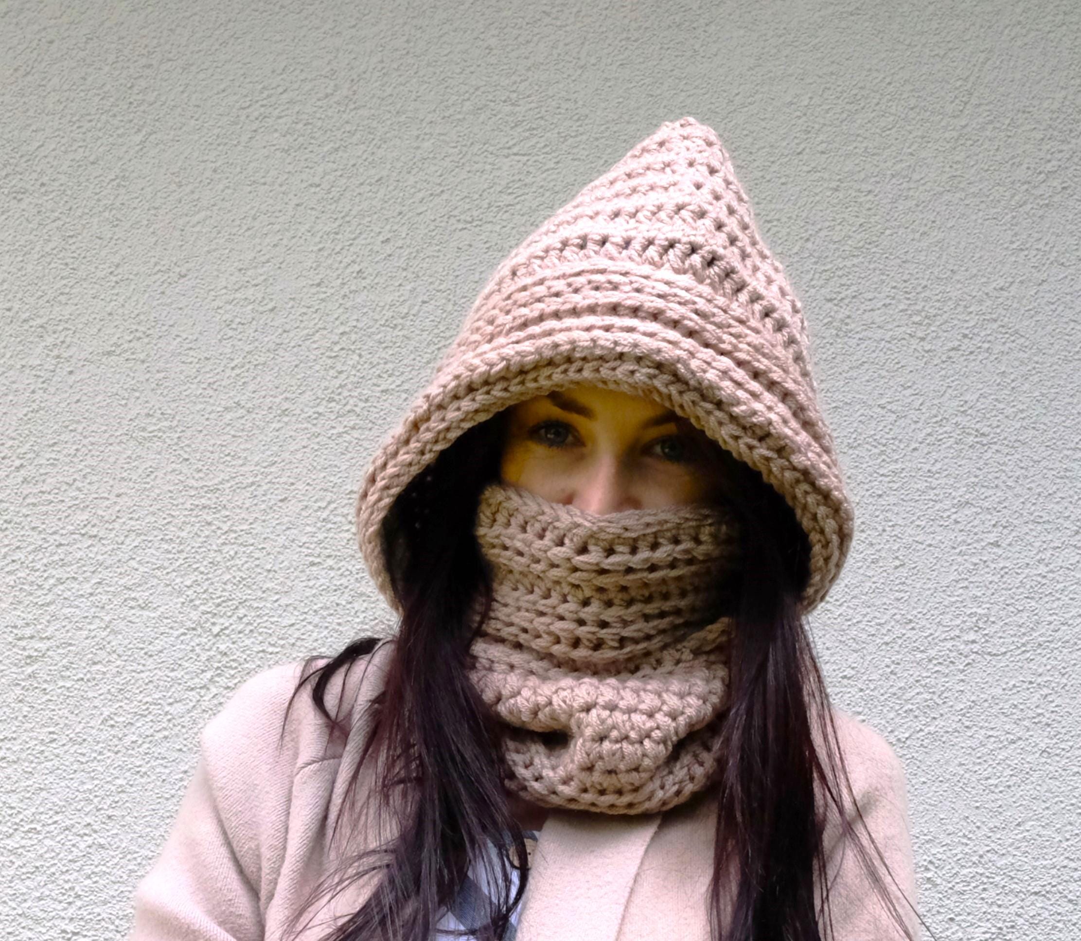 マフラー・ストール KOLEAT Hood ver winter thermal knit neck balaclava scarf oat Warm Wool Crochet Balaclava: Chunky Hooded Winter Cowl and