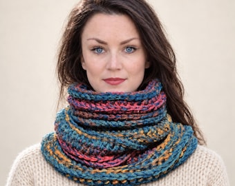 Colorful Knitted Cowl Neck Warmer, Chunky Wool Blend Snood