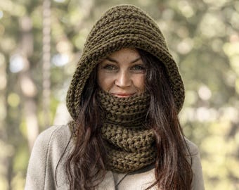 Crochet Mohair Hooded Cowl: Knit Scarf, Green Winter Wear
