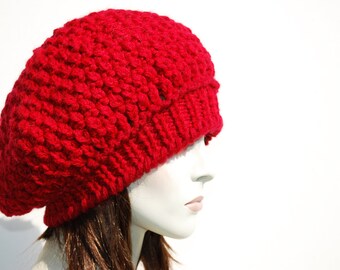Handmade Slouchy Cable Knit Wool Beret - Oversized French Style Winter Hat for Women