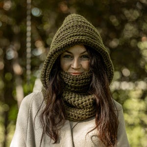 Crochet Mohair Hooded Cowl: Knit Scarf, Green Winter Wear