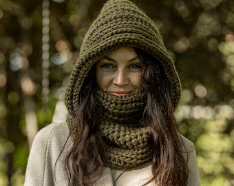 Crochet Mohair Hooded Cowl: Knit Scarf, Green Winter Wear