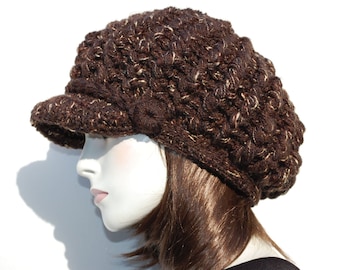 Newsboy hat women-Crochet newsboy hat-Slouchy hat women-Chunky knit hat-Womens wool hat-Brown hat women