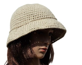 Handmade Crochet Bucket Hat, Cotton Linen Blend, Lightweight Summer Sun Hat
