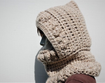 Hooded cowl scarf-Hooded cowl knit-Wool hooded cowl-Hooded scarf women-Chunky hooded scarf