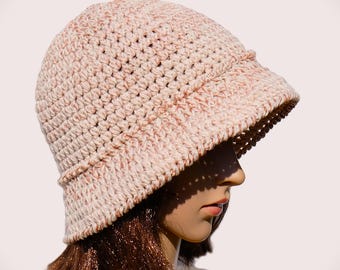 Cream Crochet Bucket Hat, Cotton Linen Blend, Boho Summer Sun Hat