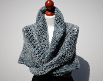 Hand Knitted Triangle Shawl: Grey Bucle Tassel Scarf
