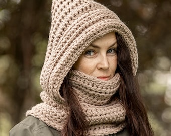 Chunky knit wool balaclava: Hooded scarf face cover