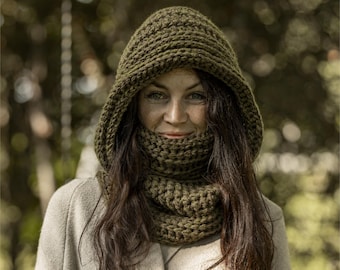 Crochet Mohair Hooded Cowl: Knit Scarf, Green Winter Wear