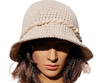 Cream Summer Hat with Wide Brim – Cotton, Linen and Viscose, Wooden Bead Detail, Boho Style