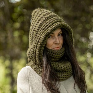 Women's Hooded Crochet Cowl, Knitted Wool Warm Outlander Scarf