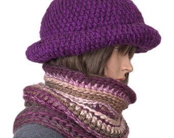 Purple Wide Brim Bucket Hat: Hand Knitted Wool Cloche