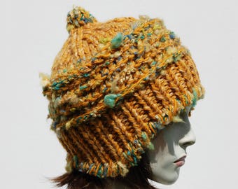 Chunky Cable Knit Wool Beanie - Cozy Orange Winter Hat for Women - Handmade Warm Headwear