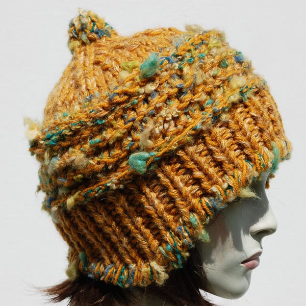 Bonnet en laine femme-Bonnet en grosse maille jaune-Bonnet en grosse maille-Bonnet en tricot torsadé-Bonnet en laine