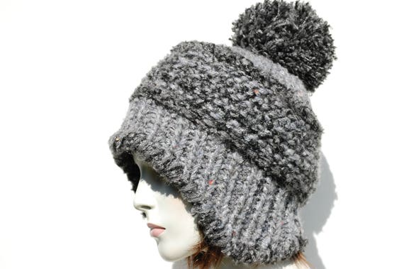 Womens Beanie Pom-Super Chunky Knit-Earflap Hat-Pom Pom Hat-Knit Chunky Beanie-Earmuffs Hat-Warm Hat-Winter Hat-Chunky Knit Pom Hat