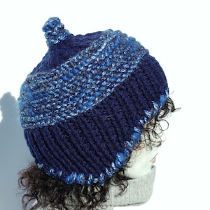 Loom knit hat-Winter hat ear flaps-Wool hats for women-Hand knit beanie-Chunky winter hat-Navy blue wool hat