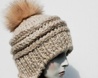 Handmade Chunky Knit Beanie with Pom Pom - Cozy Wool Winter Hat for Women and Girls