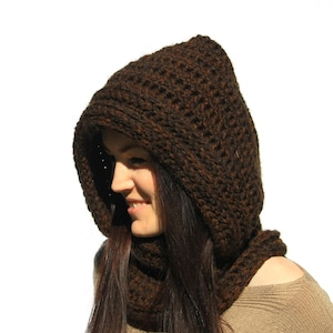 Crochet hooded cowl-Wool hooded scarf-Hooded scarf women-Hooded scarf knit-Green hooded cowl