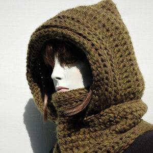 Crochet hooded cowl-Wool hooded scarf-Hooded scarf women-Hooded scarf knit-Green hooded cowl