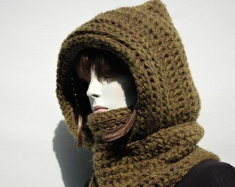 Crochet hooded cowl-Wool hooded scarf-Hooded scarf women-Hooded scarf knit-Green hooded cowl