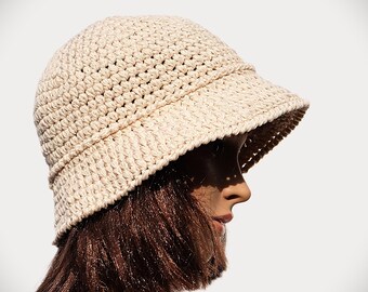 Wide Brim Crochet Bucket Hat, Linen Cotton Viscose Summer Hat, Lightweight Sun Hat, Beige Boho Hat with Wooden Beads