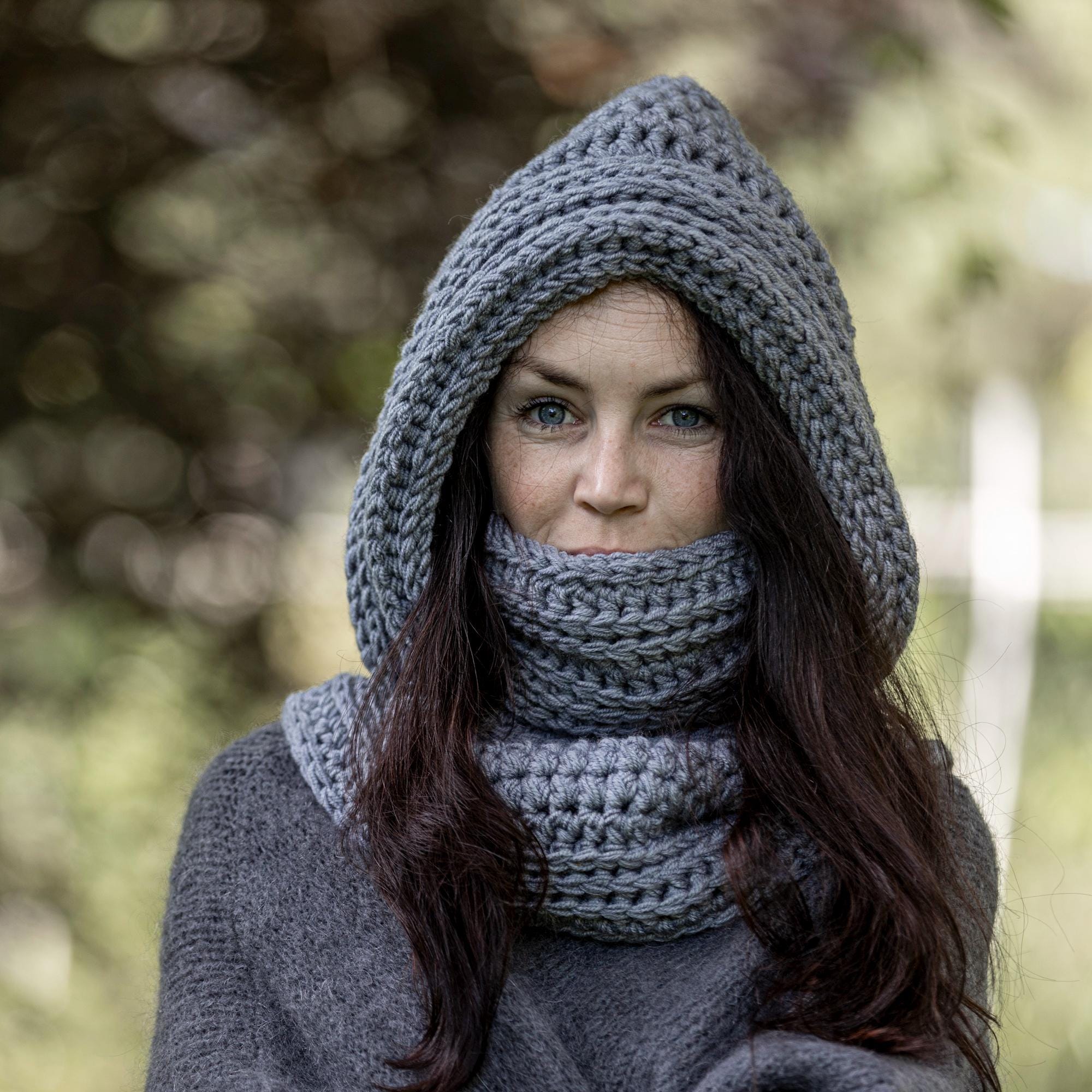 Ensemble écharpe à capuche en tricot solide 2 en 1 - Bonnet d'hiver en melon chaud