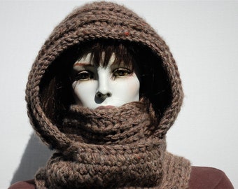 Hooded cowl scarf-Crochet hooded cowl-Winter hooded scarf-Beige hooded scarf