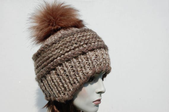 Chunky Cable Knit Winter Beanie Hat with Faux Fur Pom Stretchy One Size Toptie Womens Winter Fleece Lined Cable Knit Hat Faux Fur  main image 2