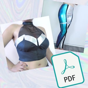 Peut inclure: Patron PDF pour un haut court noir et argent avec un décolleté en mesh et un legging bleu et argent.