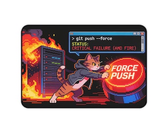 Hacker Cat Desk Mat – Git Push Force, Retro Pixel Art