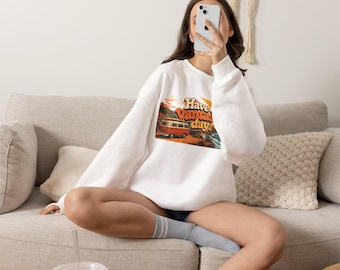 Crewneck Sweatshirt — "Have a Vantastic Day!" Retro Van Beach Graphic