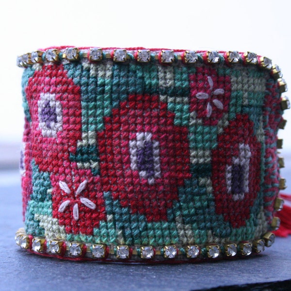Cuff Bracelet - Cross Stitch Embroidered Cuff Bracelet  - Red Flower Pattern Bracelet