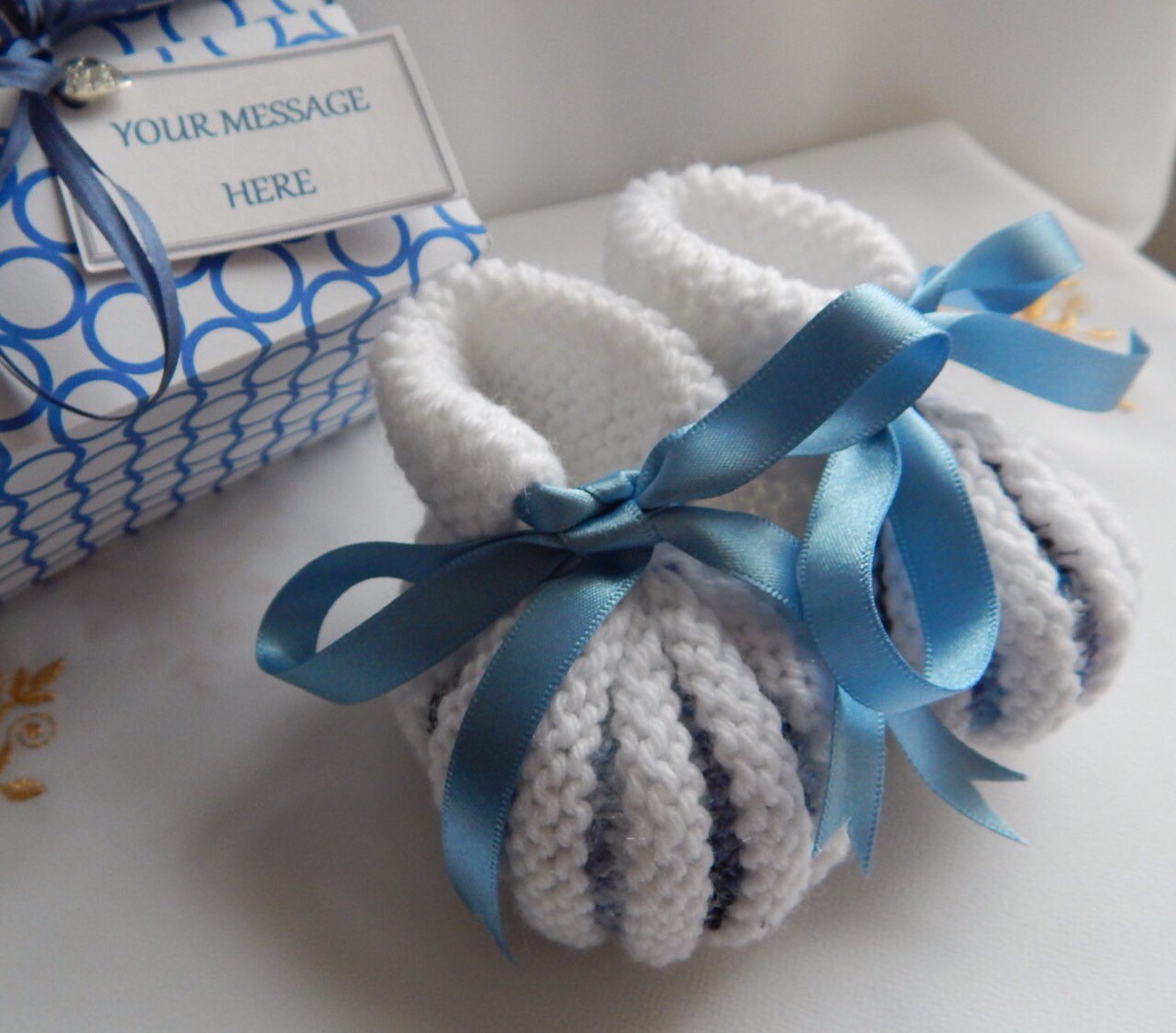 Baby Boy Booties White & Blue Hand Knitted Vintage Style Etsy