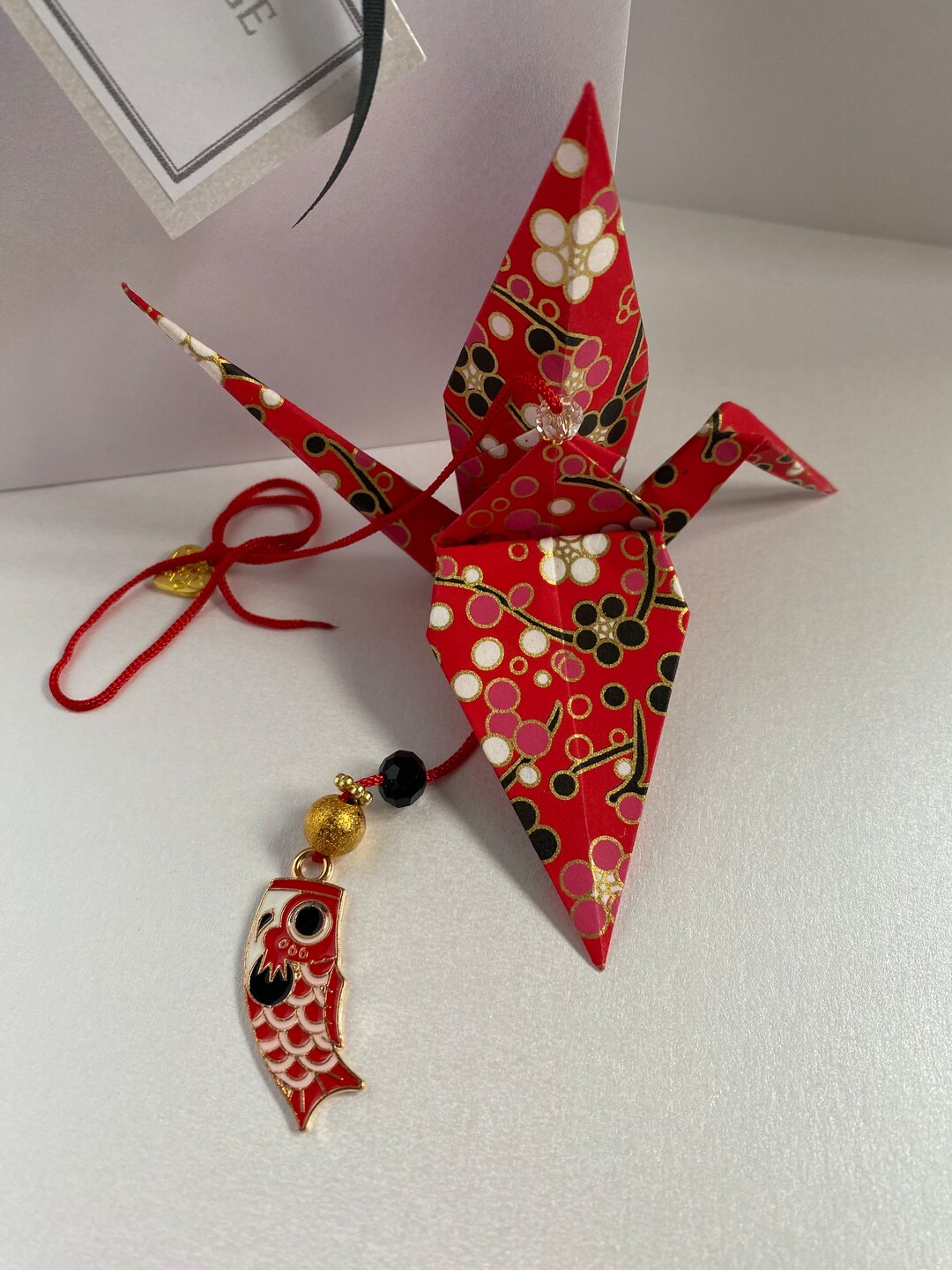 Red Crane With Koinobori Fish Charm, New Baby Gift, Exams, Handmade ...