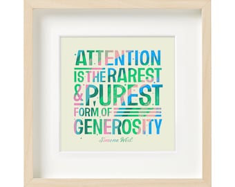 Attention Quotes Wall Art, Simone Weil, Meditation Decor, Pay Attention, Zen Wall Art, Women Quote, Peace Wall Art, Relaxation Gifts
