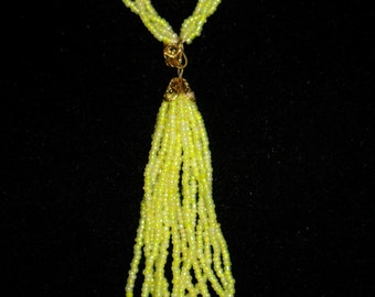 Glossy Pale Yellow Woven Seed Bead Tassel Necklace 33 inch